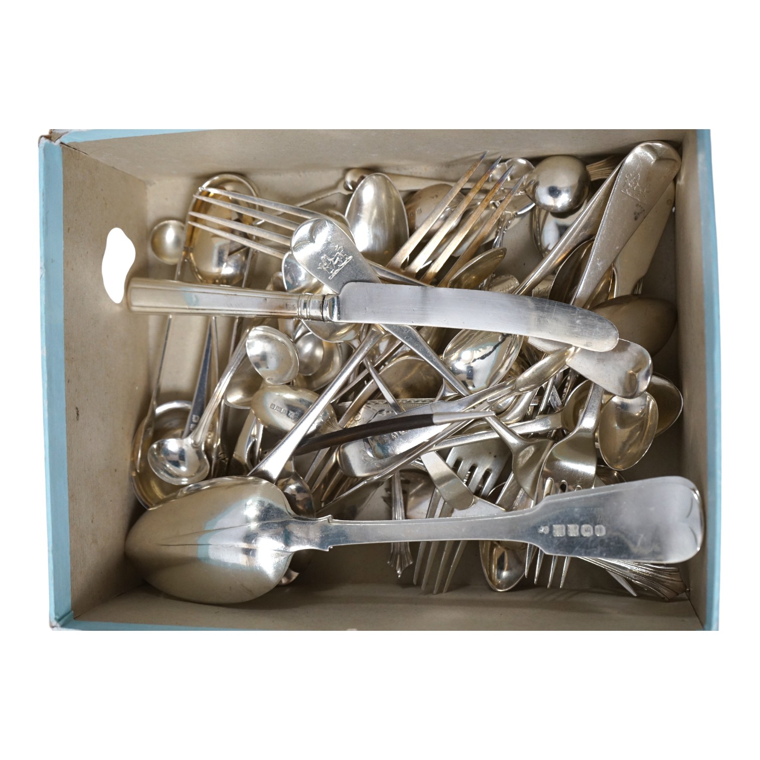 A quantity of assorted mainly 19th century silver flatware, various date, makers and patterns including a pair of George IV silver fiddle pattern table spoons, by William Cummins, Dublin, 1829, 33oz. Condition - poor to